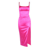 Purpdrank - Summer Bodycon Satin red Birthday Party Dresses Sexy Spaghetti Strap Midi Dress Elegant With Slit Dresses For Women
