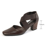 Purpdrank - Woman Cowhide Summer Shoes Cross-Tied Sandals Women Pumps Thick Heel Lady Spring Autum Retro Pumps
