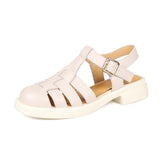 Purpdrank - Genuine Leather Women Retro Fisherman Sandals New Summer Buckle Low Heels Black Khaki White Closed Toe Shoes SmallHut Brand