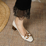 Purpdrank - French Retro Heeled Shoes Women's Medium Heel Pumps New Square Toe Thick Heel Metal Buckle Soft Leather High Heels