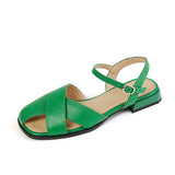 Purpdrank - 2023 Summer Genuine Leather Sandals Green Women Shoes Low Heel Cover Toe Sandals for Women Handmade Real Cow Leather Shoes