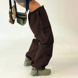 Purpdrank - Light Khaki Cargo Pants Streetwear 100% Cotton Big Pocket Patchwork Casual Pants Drawstring Low Waist Baggy Trouser Lady
