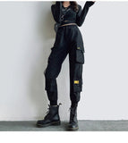 Purpdrank - Streetwear Cargo Pants Women Casual Joggers Black High Waist Loose Female Trousers Korean Style Ribbon Ladies Pants Dropshipping