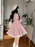 Purpdrank - Warm Winter Pink Sweet Elegant Dress Women Lace Korean Style Party Mini Dress Female Long Sleeve France Vintage Cute Dress Coat