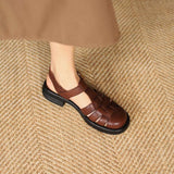 Purpdrank - Genuine Leather Women Retro Fisherman Sandals New Summer Buckle Low Heels Black Khaki White Closed Toe Shoes SmallHut Brand