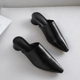 Purpdrank - 2023 Summer Women Sandals Genuine Leather Shoes for Women Pointed Toe Low Heel Women Sandals Cover Toe Chunky Heel Women's Mules