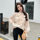 Purpdrank - 2023 New Arrival Spring Summer Korean Style Women Loose Casual Bow Long Sleeve Blouse All-matched Vintage Mesh Shirts