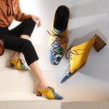 Purpdrank - 2023 Lace-up Muller Shoes Women Pumps Spring Summer Mature Retro PU Leather Fashion Chain Pointed Toe Thick Heels Shoes Woman
