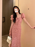 Purpdrank - 2023 Summer Pink Floral Midi Dress Women Causal Slim Evening Party Dress Office Lady Kawaii One Piece Dress Korean Fashion Chic