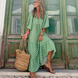 Purpdrank - Fashion Printed Long Dress Women Loose Puff Sleeve Summer Dress Casual Boho Holiday Beach Dress Female Ankle-length Maxi Dress