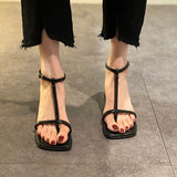 Purpdrank - High Heel Sandal for Women Med Suit Female Beige Summer Shoes Cross-Shoes High-heeled Medium Black Block Girls Fashion New