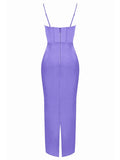 Purpdrank - Bodycon Satin Maxi Dress Sexy Long Prom Evening Party Dresses With Glove Purple V Neck Spaghetti Strap Dresses For Women