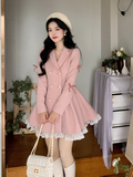 Purpdrank - Warm Winter Pink Sweet Elegant Dress Women Lace Korean Style Party Mini Dress Female Long Sleeve France Vintage Cute Dress Coat