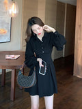 Purpdrank - Fashion Black Wrap Shirt Dress Women Office Ladies Elegant Short Dresses Korean Style Kpop Casual Robes Female Autumn