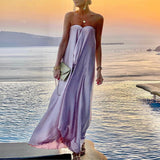 Purpdrank - Elegant Off Shoulder Party Long Dress Fashion Women Satin Swing Loose Dress Chic Boho Sleeveless Chest Wrap Beach Dresses
