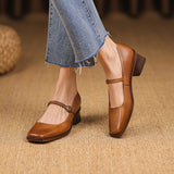 Purpdrank - New Genuine Leather Mary Jane shoes Women's Shoes Retro Buckle Shallow Heel Pumps Square Toe Shoes Woman Zapatos De Mujer