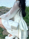 Purpdrank - White Wrap Mini Dress Women Vintage Mesh Bodycon Ruffles Square Collar Short Dresses Casual Autumn Korean Fashion