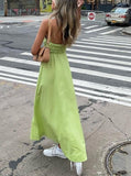 Purpdrank - Eleatic Smocking Green Cotton V Neck Summer Women's Dress Sleevless Long Green Maxi Casual Strapy Dress Solid Female