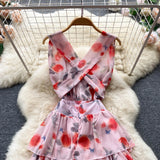 Purpdrank - Women Ruffled Dress Floral Backless Vacation Summer Sashes Zipper Sleeveless Ladies Print Long A Line Dresses