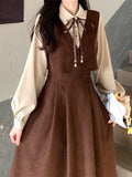 Purpdrank - Vintage Patchwork Dress Long Sleeve Spring Autumn Preppy Style Temperament Clothing Fake Two Piece Female Slim Women Dresses