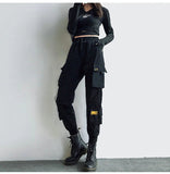 Purpdrank - Streetwear Cargo Pants Women Casual Joggers Black High Waist Loose Female Trousers Korean Style Ribbon Ladies Pants Dropshipping