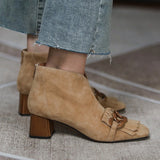 Purpdrank - New Autumn/Winter Women Boots Sheep Suade Square Toe Square Heel Mid-Heel Ankle Boots Fringed Zipper Fashion Office Lady Shoes