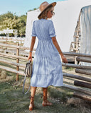 Purpdrank - Women Elegant Striped Lantern Sleeve Summer Dress Causal V-neck Button Ruffles Midi Dress Women Beach Holiday Party Dress