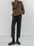 Purpdrank - New Autumn Winter Woolen Plaid Women Formal Straight Pants High Waist Ankle-Length Chic Loose Ladies Pants Pocket