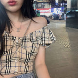 Purpdrank - Blouse Women Shirt Plaid Short Shirt Women's Puff Sleeve Short Shirt Summer Blusas Mujer