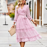 Purpdrank - 2023 Summer Women Floral Chiffon Dress Vintage Floral Print Slit Belted Ruffle Wrap Dress Sundress