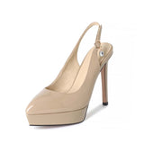 Purpdrank - Genuine Patent Leather Women Slingback Pumps Summer Pointed Toe Office Lady High Thin Heels Apricot Black Platform Party Shoes
