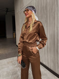 Purpdrank - Simplee Casual button loose women satin pants set green Office fashion long sleeve two piece sets High street pocket suit