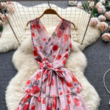 Purpdrank - Women Ruffled Dress Floral Backless Vacation Summer Sashes Zipper Sleeveless Ladies Print Long A Line Dresses