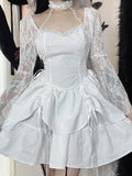 Purpdrank - 2023 New Gothic Lace Up Black Summer Dress Women Streetwear Long Sleeve See Through Halter Dress Elegant Party Sexy Mini Dresses