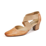 Purpdrank - Woman Cowhide Summer Shoes Cross-Tied Sandals Women Pumps Thick Heel Lady Spring Autum Retro Pumps