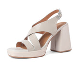 Purpdrank - 2023 New Summer Sandals Cow Leather High Heels Woman Shoes Chunky Heel Square Toe Sandals Back Strap Shoes Women Pumps Handmade