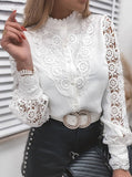 Purpdrank - Women Sexy Lace Patchwork Hollow Out Shirt Blouse Long Sleeve O-Neck Mesh Design Tops Spring White Vintage Button Shirts