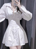 Purpdrank - Office Ladies White Wrap Shirt Dress Women Korean Style Kpop Bandage Designer Short Dresses Party Fashion
