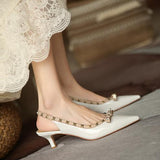 Purpdrank - 5cm New Fashion Sandals Leather Pointed Toe with Rivet Low Heels Ankle Wrap Wedding Women Shoes 38 39
