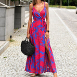 Purpdrank - Summer Sleeveless Sexy Backless Boho Dress Elegant V-Neck Slit Floral Print Sling Dress Women Fashion Beach Holiday Maxi Dresses