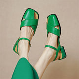 Purpdrank - 2023 Summer Genuine Leather Sandals Green Women Shoes Low Heel Cover Toe Sandals for Women Handmade Real Cow Leather Shoes