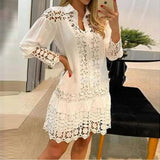 Purpdrank - Autumn Elegant Embroidered Patchwork Hollow Dress Women Fashion Long Sleeve Lapel Mini Dresses Ladies Casual Loose Button Dress