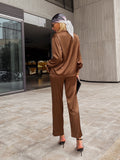 Purpdrank - Simplee Casual button loose women satin pants set green Office fashion long sleeve two piece sets High street pocket suit