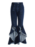 Purpdrank - New Fashion Vintage Denim Flared Pants High Waist Women Hollow Out Hem Streetwear Party Clothes