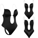 Purpdrank - Women Bodysuit Shapewear Deep V-Neck Body Shaper Backless U Plunge Thong Evening Dress Shapers Clear Strap Padded Push Up Corset