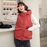 Purpdrank - Women's Winter Short Vest Solid Korean Style Sleeveless Hooded Thick Jacket Female Cotton Padded  Casual Outwear