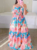 Purpdrank - Fashion Floral Print Big Hem Loose Maxi Dress Lady Sexy Off Shoulder Long Dress Women Elegant Slash Neck Strapless Party Dresses