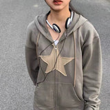 Purpdrank - Hip Hop Zip Up Hoodie Vintage Star Patch Cotton Loose Sweatshirt Jacket Harajuku Gothic Long Sleeve Women Sweatshirt Y2k Clothes