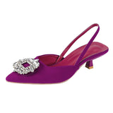 Purpdrank - Blue Women Pumps Silk Satin Pointy Toe Rhinestone Crystal High Heels Shoes Slip On Women Wedding Pumps Slingback Sandal Baotou