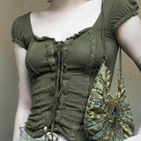 Purpdrank - y2k Green Lace Crop Top Trim Square Collar Short Sleeve T Shirt Women Fairycore Balletcore Chic Tee Summer Korean 90s